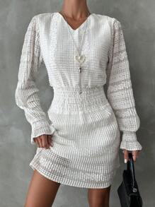 Cottnline Flare Sleeve Shirred Waist Dress - White - View 1