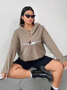 Flirla Plus Letter Graphic Drop Shoulder Hooded Fleece Sweatshirt - Apricot - View 5