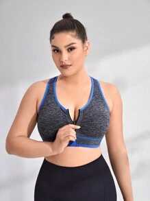 Yoga Basic Bras thể thao Plus Size Dây kéo Tương phản ràng buộc màu trơn - Màu xám đen - Xem 5