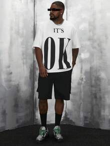 Manfinity RebelGame Loose Plus Size Men Slogan Print Drop Shoulder T-Shirt And Shorts Set - Black and White - View 4