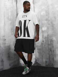 Manfinity RebelGame Loose Plus Size Men Slogan Print Drop Shoulder T-Shirt And Shorts Set - Black and White - View 5