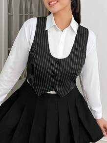 SHEIN EZwear 大碼細條紋印花馬甲西裝外套無襯衫 - 黑色 - 查看 1