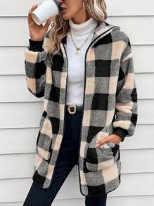 SHEIN LUNE Buffalo Plaid Pattern Drop Shoulder Hooded Flannel Coat In Fall/Winter - Brown - View 3