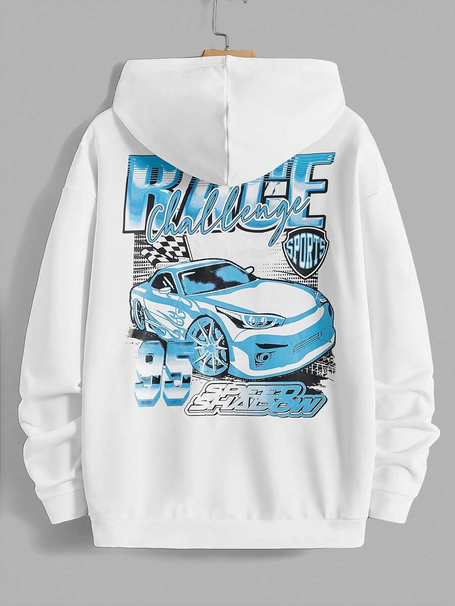 Manfinity RebelGame Loose Men's Car & Letter Graphic Drop Shoulder Hoodie - White - View 1