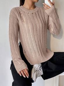 SHEIN Unity 纯色破洞开衩下摆针织套头衫，适合秋冬季穿着 - 棕色 - 查看 6