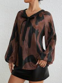 SHEIN Privé Colorblock Knot Front Lantern Sleeve Blouse - Coffee Brown - View 5