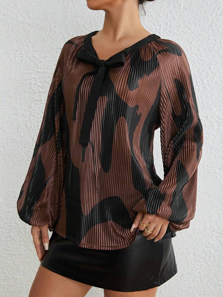 Colorblock Knot Front Lantern Sleeve Blouse