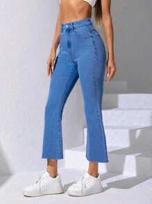 Chất rắn Raw Hem Quần ống loe - Rửa nhẹ - Xem 1