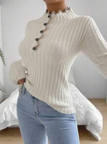 SHEIN LUNE 荷叶边纽扣前襟罗纹针织套头衫秋冬毛衣 - 米色 - 查看 1