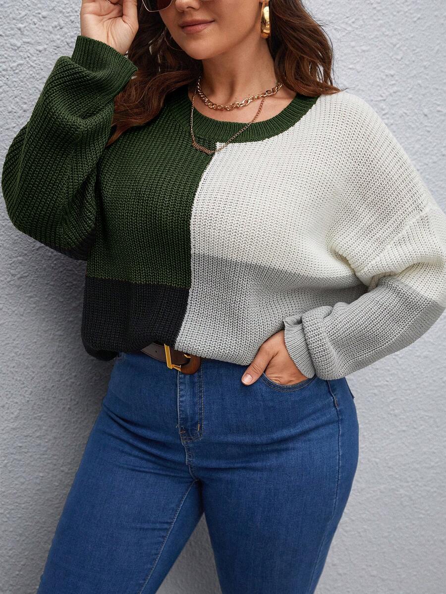 SHEIN LUNE 大碼撞色落肩袖套頭毛衣 - 彩色 - 查看 1