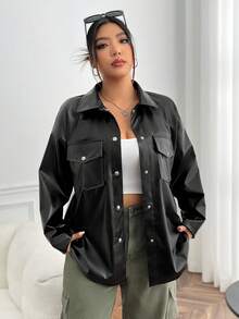 SHEIN EZwear Talla grande Abrigo con bolsillo con solapa de hombros caídos PU - Negro - Ver 3