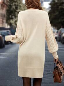 SHEIN Clasi Váy len tay áo đèn lồng không có thắt lưng - Màu be - Xem 2