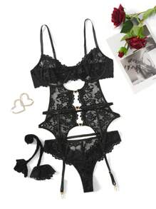 Classic Sexy Conjunto de lencería con corsé con detalles de encaje floral, corte calado y pedrería, 4 piezas