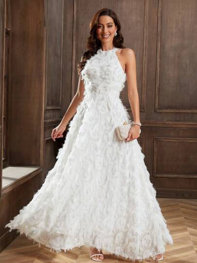 YUMIBRAVO Women's Halter Neck Tassel Evening Dress, Tassel Party Dress Wedding Guest Dress Formal Dress,Gown