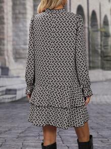 EMERY ROSE Allover Print Flare Sleeve Tie Front Ruffle Hem Smock Dress