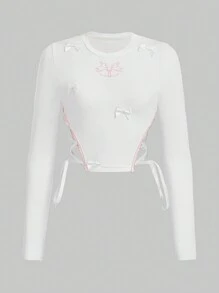 ROMWE Kawaii 3D Bow Decor Lace Up Side Tee - White - View 1