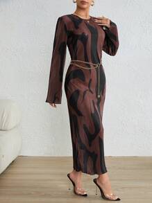 Firerie Graphic Print Bodycon Dress Without Belt - Coffee Brown - View 5