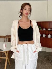 DAZY Drop Shoulder Zip Up Hooded Cardigan,Long Sleeve Tops Jacket