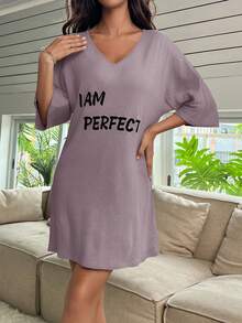 Váy ngủ tay cánh dơi họa tiết chữ cái - Bụi tím - Xem 3