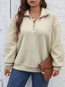 SHEIN LUNE 大碼半拉鏈落肩袖絨毛運動衫 - 米色 - 查看 5