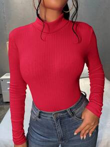 SHEIN SXY Body unicolor de cuello alto tejido de canalé - Rojo - Ver 5