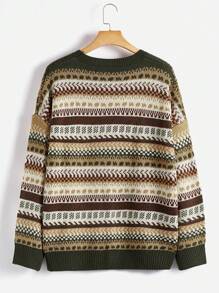 Flirla 加大码几何图案落肩针织套头衫秋冬毛衣 - 彩色 - 查看 2