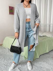 Flirla Plus Chevron Pattern Drop Shoulder Belted Cardigan - Grey - View 5