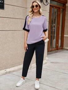 SHEIN LUNE Contrast Side Seam Batwing Sleeve Tee & Pants - Mauve Purple - View 3