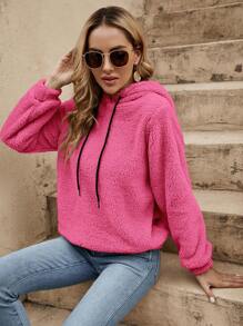 SHEIN LUNE 素色抽繩毛絨帽衫 - 玫紅色 - 查看 4