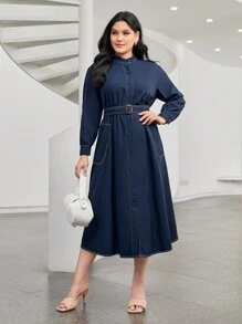 Mulvari 大碼前紐扣腰帶襯衫洋裝 - 藏蓝色 - 查看 2