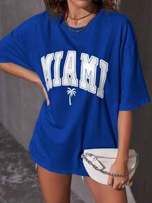 SHEIN Unity Nhiệt đới & Đồ họa Chữ cái Áo thun Thả vai - Xanh đậm - Xem 5