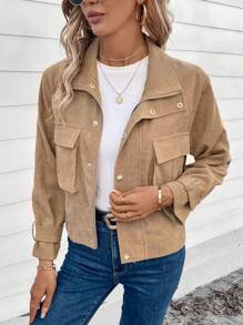 SHEIN LUNE Flap Pocket Corduroy Jacket - Khaki - View 3