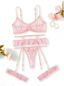 5pack Heart Pattern Mesh Bow Underwire Garter Lingerie Set - Pink - View 1