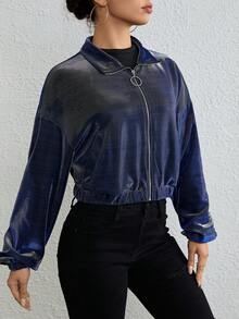 SHEIN EZwear Drop Shoulder Zip Up Crop Jacket - Blue - View 3