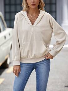 SHEIN LUNE Half Zip Kangaroo Pocket Raglan Sleeve Hoodie - Apricot - View 4