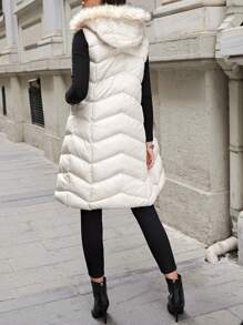 RueChic Solid Hooded Puffer Vest Coat - Beige - View 2