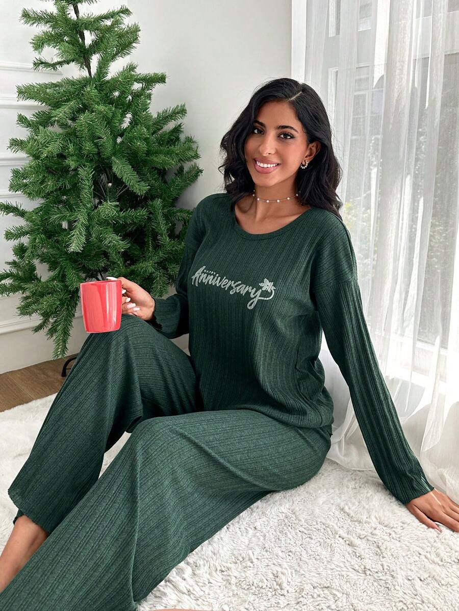 RueChic Ensemble de tenue de détente avec t-shirt à épaules tombantes avec motif lettre et pantalon - Vert - Voir 1