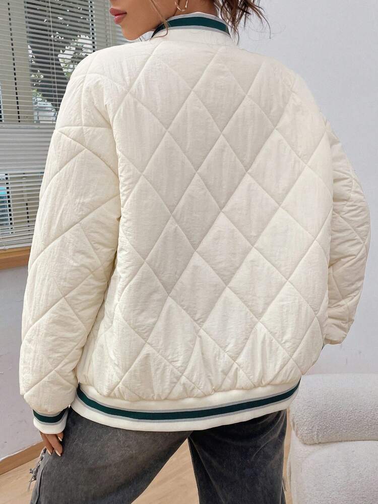 Letter Embroidery Striped Trim Drop Shoulder Quilted Coat