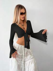 SHEIN ICON 純色前繫帶喇叭袖短款上衣 - 黑色 - 查看 9