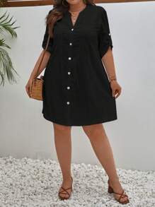SHEIN Frenchy Hơn Chất rắn Cổ có Lỗ hổng Nút phía trước Tay áo cuộn Đầm - màu đen - Xem 4
