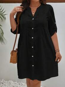 SHEIN Frenchy Hơn Chất rắn Cổ có Lỗ hổng Nút phía trước Tay áo cuộn Đầm - màu đen - Xem 7