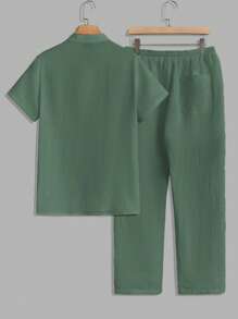 GENTILAND Loose Fit Men Solid Color Half Button Shirt & Tie Waist Pants Set - Green - View 2