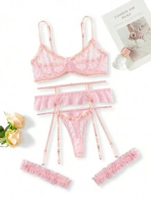 5pack Heart Pattern Mesh Bow Underwire Garter Lingerie Set - Pink - View 6