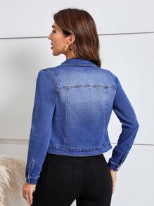 EMERY ROSE Flap Pocket Button Front Denim Jacket, Fall Women Clothes