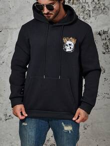 Manfinity EMRG 男士大码骷髏&標語圖案袋鼠口袋抽繩連帽衫 - 黑色 - 查看 6