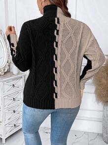 EMERY ROSE 加大码双色落肩高领麻花针织毛衣，适合冬季和秋季穿着 - 彩色 - 查看 2