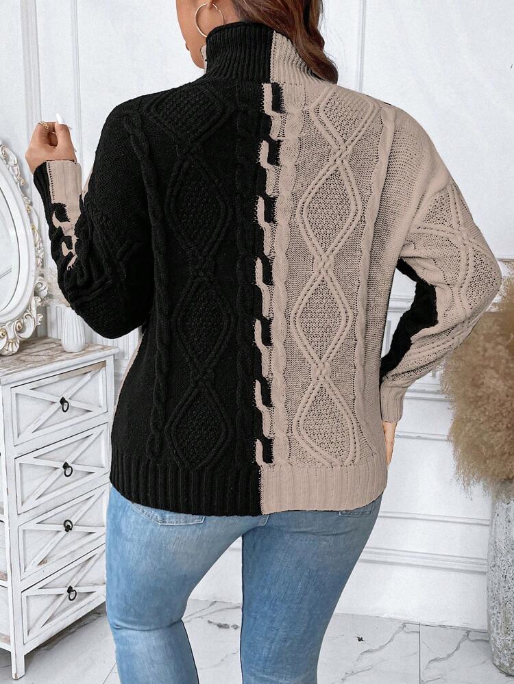 Plus Two Tone Drop Shoulder Turtleneck Cable Knit Sweater, For Winter Knit Pullover Fall Autumn