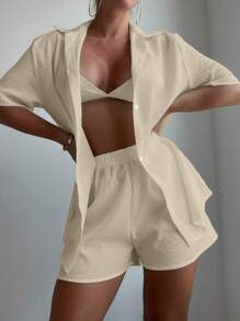 SHEIN Swim 素色罩衫上衣&短褲 - 卡其色 - 查看 1