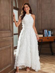 YUMIBRAVO Women's Halter Neck Tassel Evening Dress, Tassel Party Dress Wedding Guest Dress Formal Dress,Gown - White - View 4