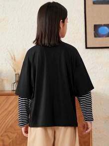 SHEIN 男大童標語圖案假兩入組T恤 - 黑色 - 查看 2